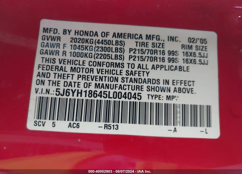 2005 HONDA ELEMENT EX VIN: 5J6YH18645L004045