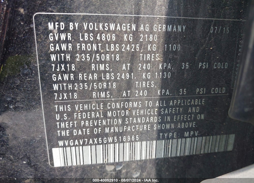 2016 VOLKSWAGEN TIGUAN SE VIN: WVGAV7AX5GW516965