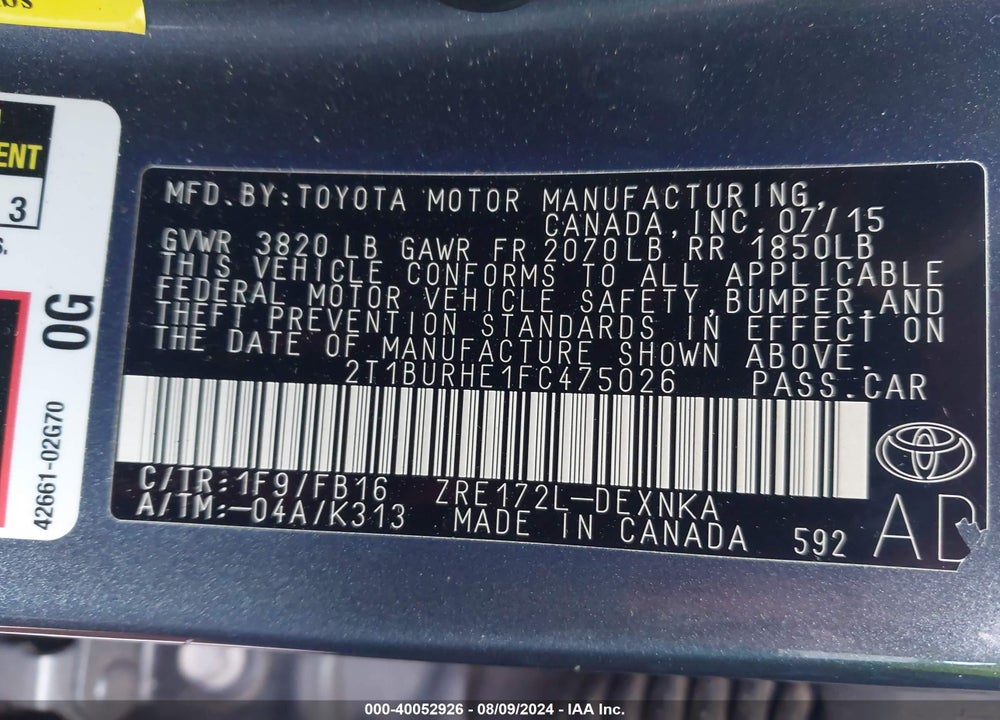 2015 TOYOTA COROLLA LE VIN: 2T1BURHE1FC475026
