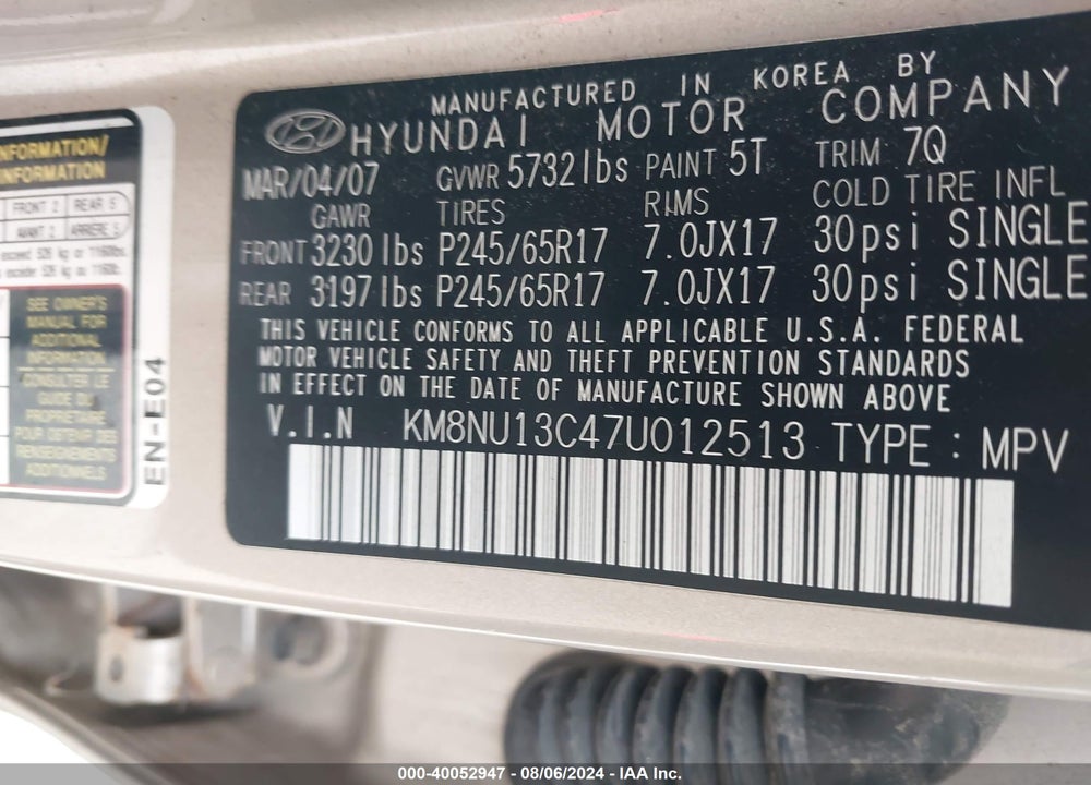 2007 HYUNDAI VERACRUZ GLS/LIMITED/SE VIN: KM8NU13C47U012513