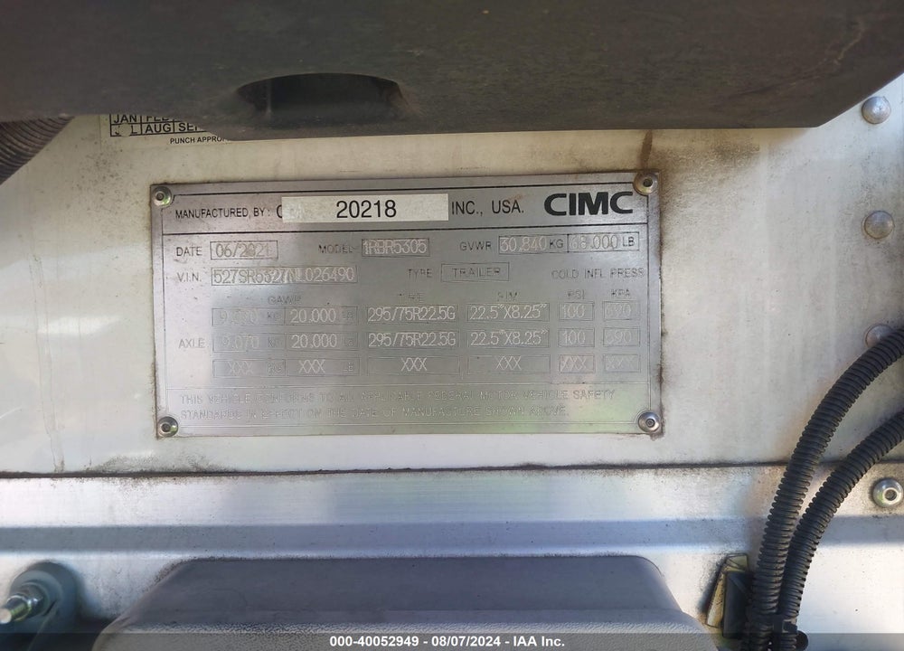 2022 CIMC TRAILERS 53' REEFER SEMI TRAILER VIN: 527SR5327NL026490