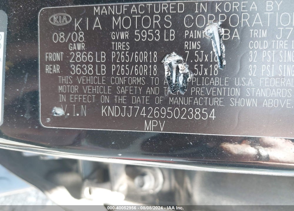 2009 KIA BORREGO EX V8 VIN: KNDJJ742695023854