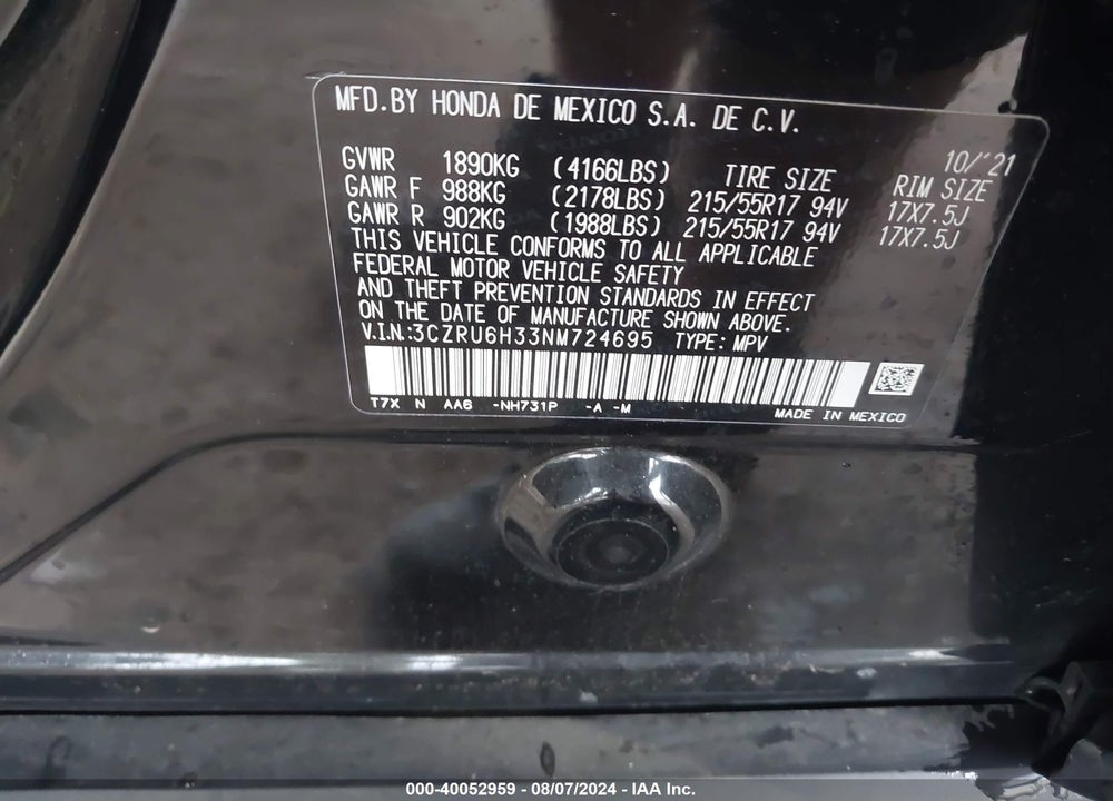 2022 HONDA HR-V AWD LX VIN: 3CZRU6H33NM724695