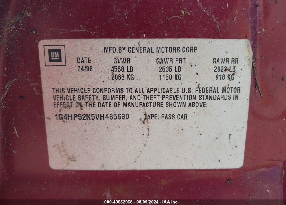 1997 BUICK LESABRE CUSTOM VIN: 1G4HP52K5VH435630