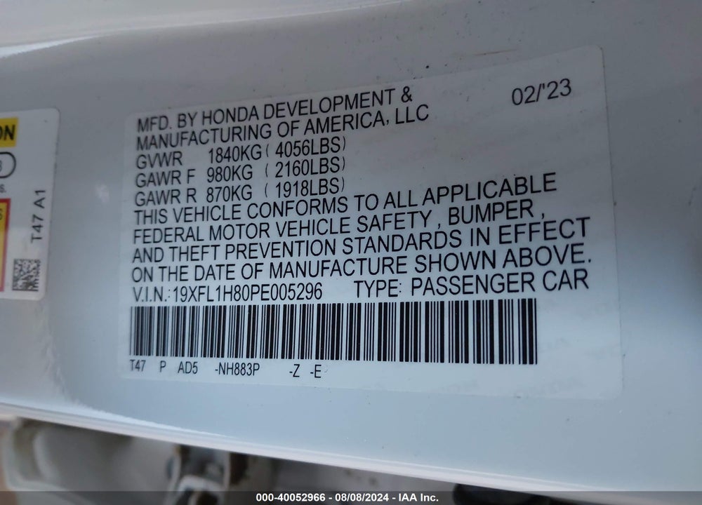 2023 HONDA CIVIC SPORT TOURING VIN: 19XFL1H80PE005296