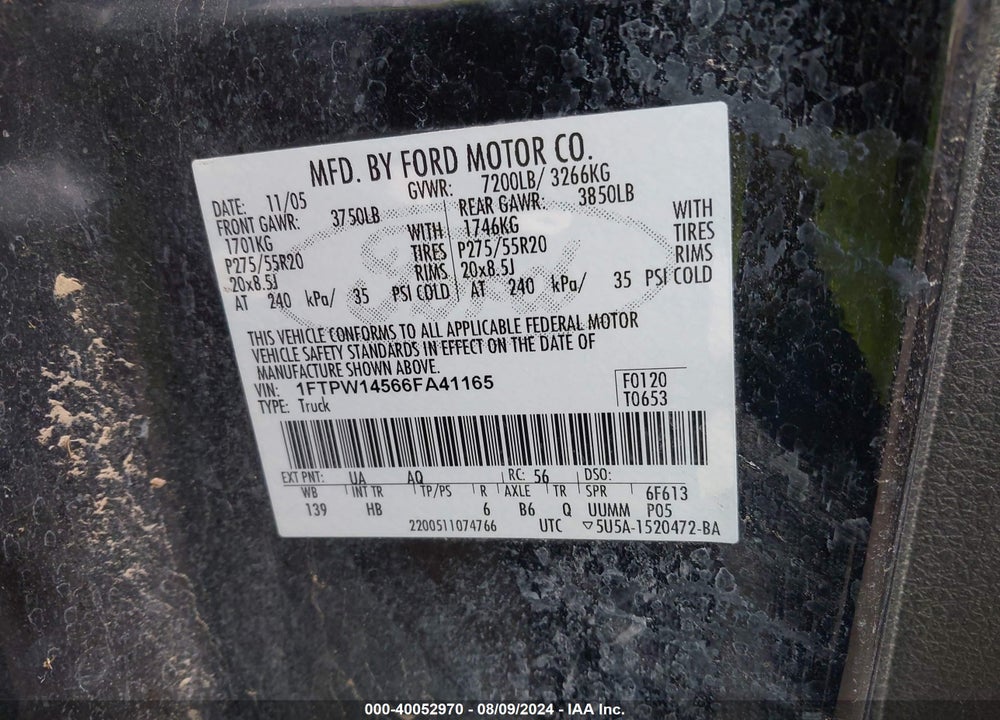 2006 FORD F-150 FX4/LARIAT/XLT VIN: 1FTPW14566FA41165