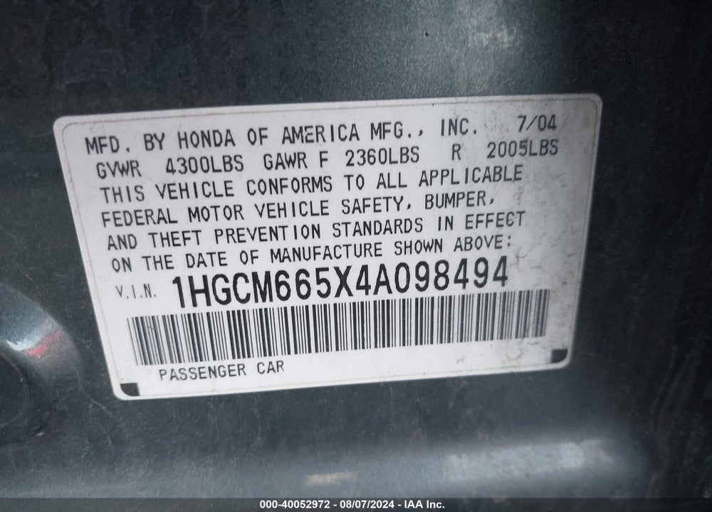 2004 HONDA ACCORD 3.0 EX VIN: 1HGCM665X4A098494