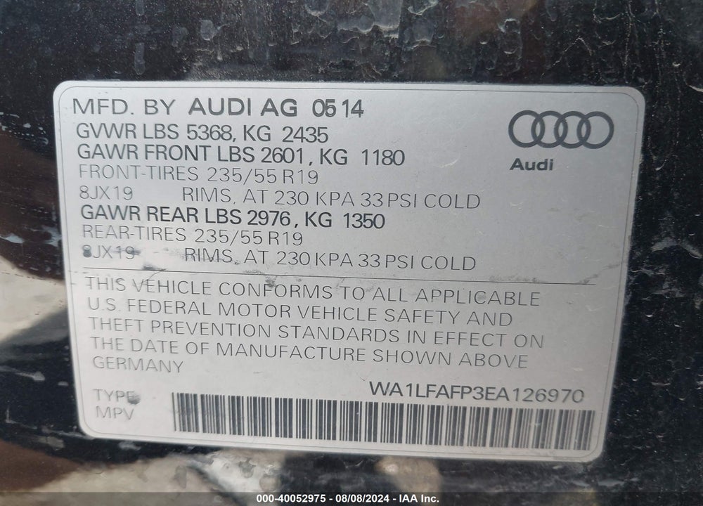 2014 AUDI Q5 2.0T PREMIUM VIN: WA1LFAFP3EA126970