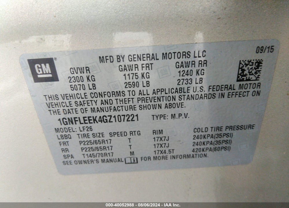 2016 CHEVROLET EQUINOX LS VIN: 1GNFLEEK4GZ107221