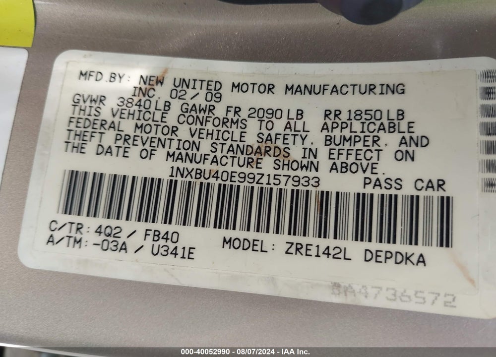 2009 TOYOTA COROLLA VIN: 1NXBU40E99Z157933