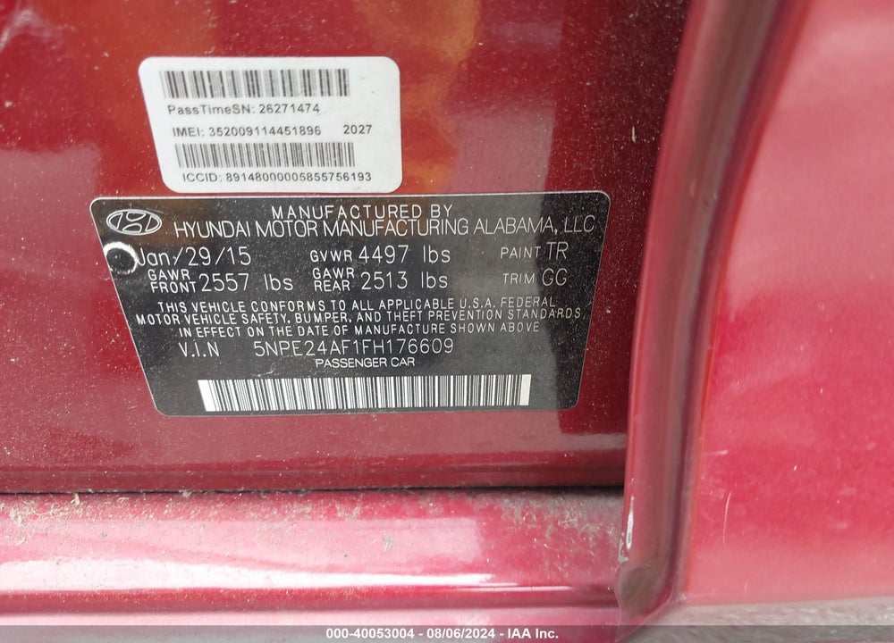 2015 HYUNDAI SONATA SE VIN: 5NPE24AF1FH176609