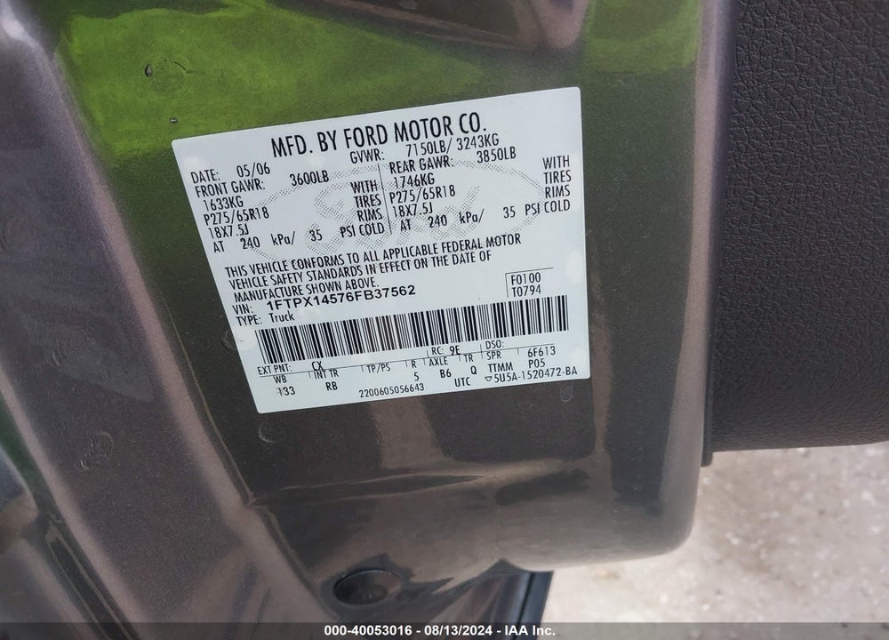 2006 FORD F-150 FX4/LARIAT/XL/XLT VIN: 1FTPX14576FB37562