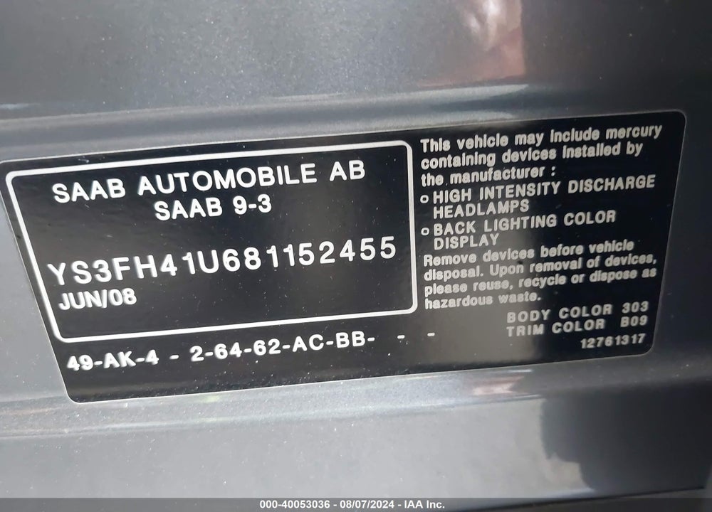 2008 SAAB 9-3 AERO VIN: YS3FH41U681152455
