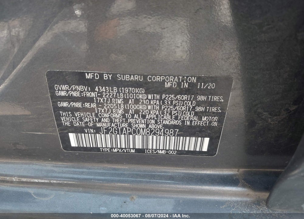2021 SUBARU CROSSTREK PREMIUM VIN: JF2GTAPC0M8294987