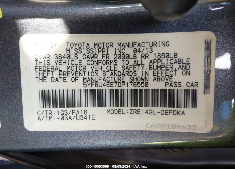 2013 TOYOTA COROLLA L VIN: 5YFBU4EE7DP176550