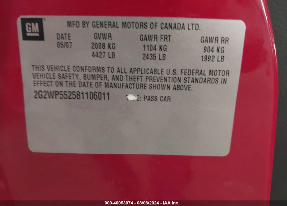 2008 PONTIAC GRAND PRIX VIN: 2G2WP552581106011