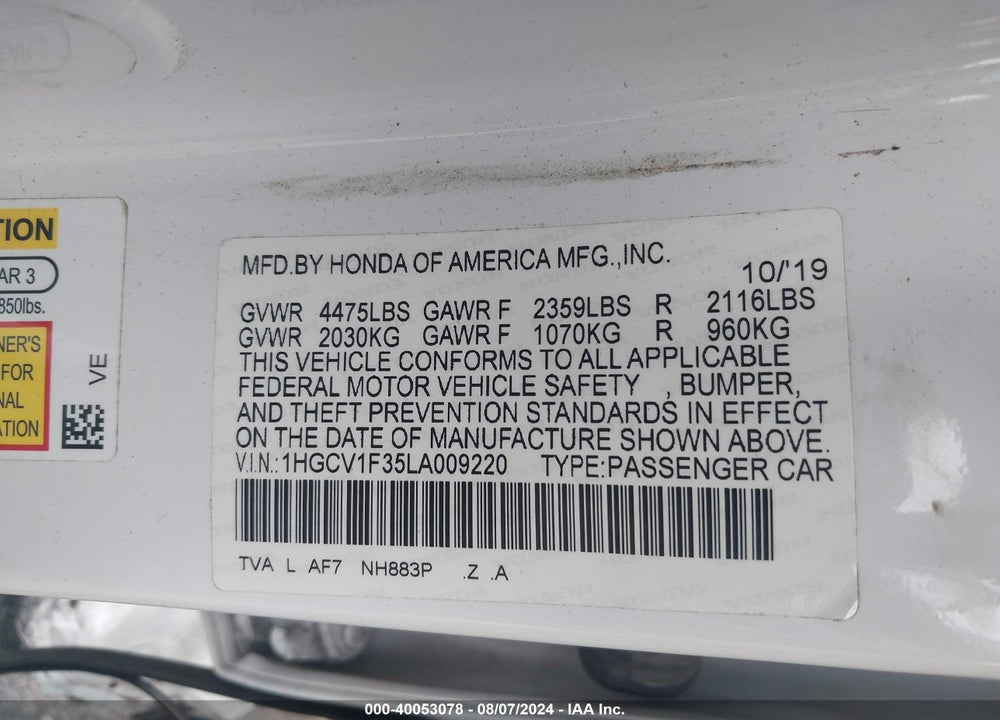 2020 HONDA ACCORD SPORT VIN: 1HGCV1F35LA009220