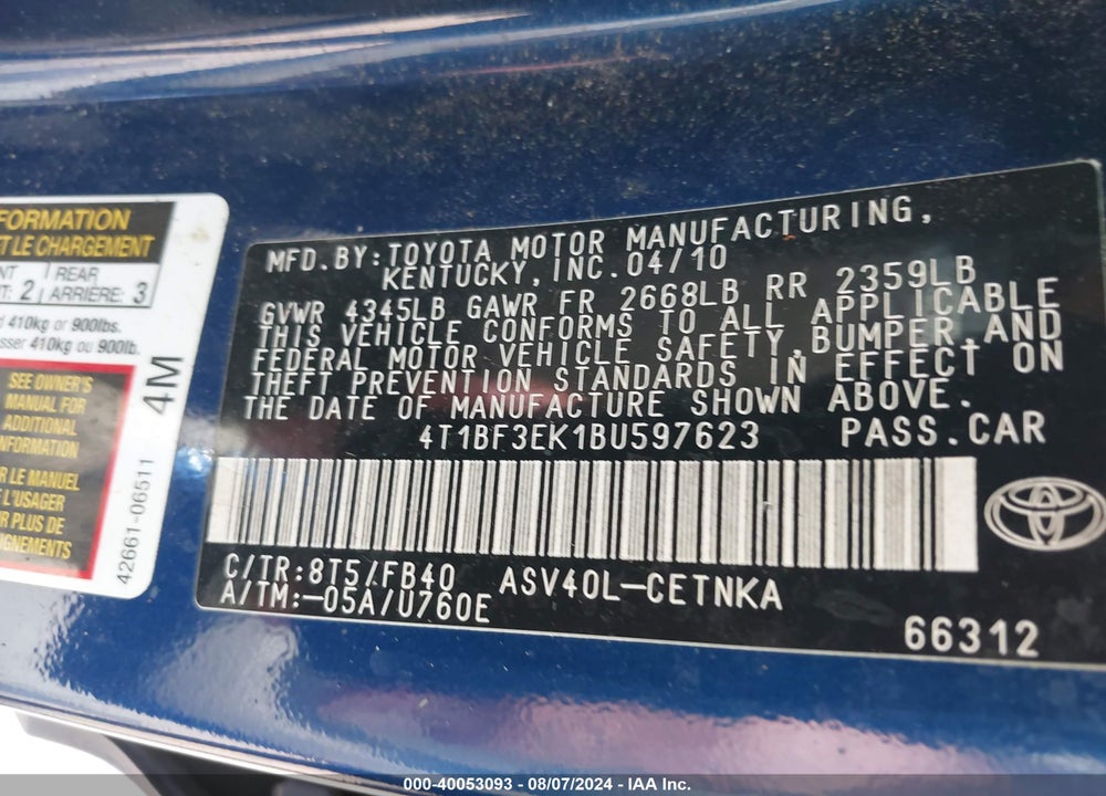 2011 TOYOTA CAMRY VIN: 4T1BF3EK1BU597623