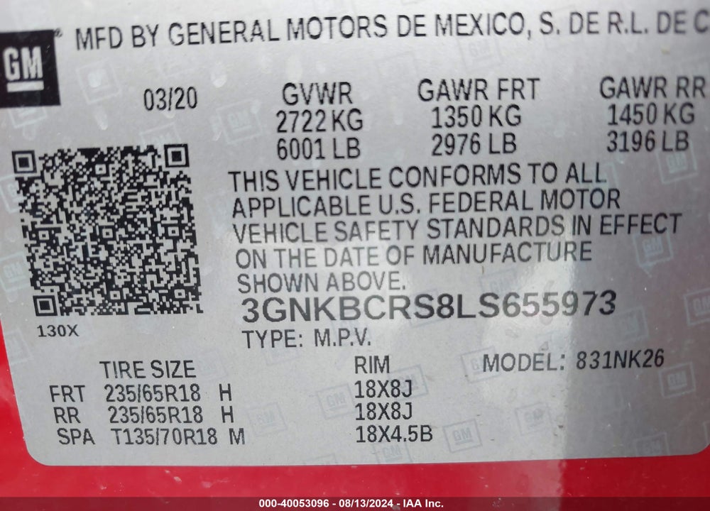 2020 CHEVROLET BLAZER FWD 2LT VIN: 3GNKBCRS8LS655973