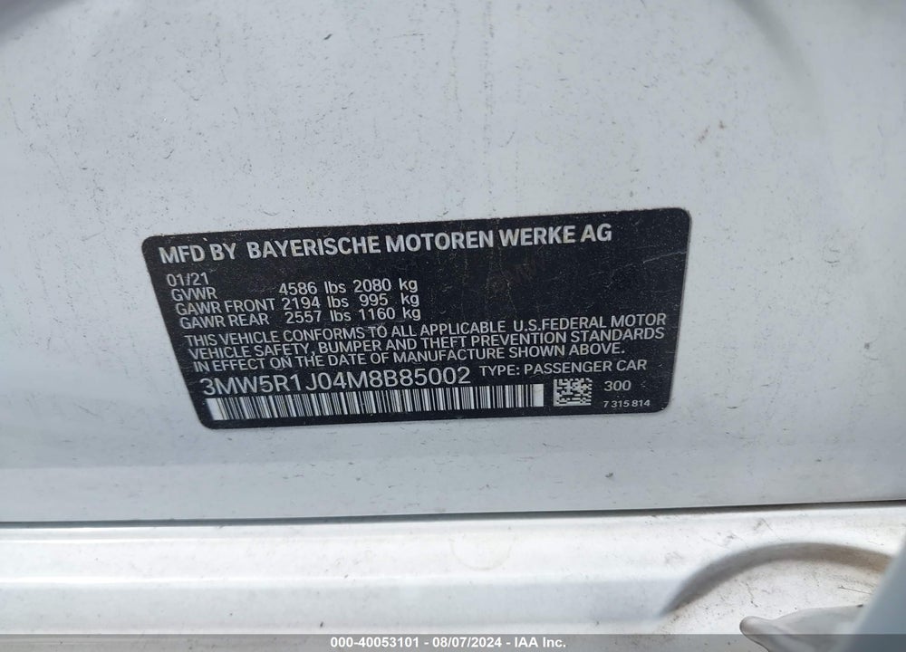 2021 BMW 330I VIN: 3MW5R1J04M8B85002