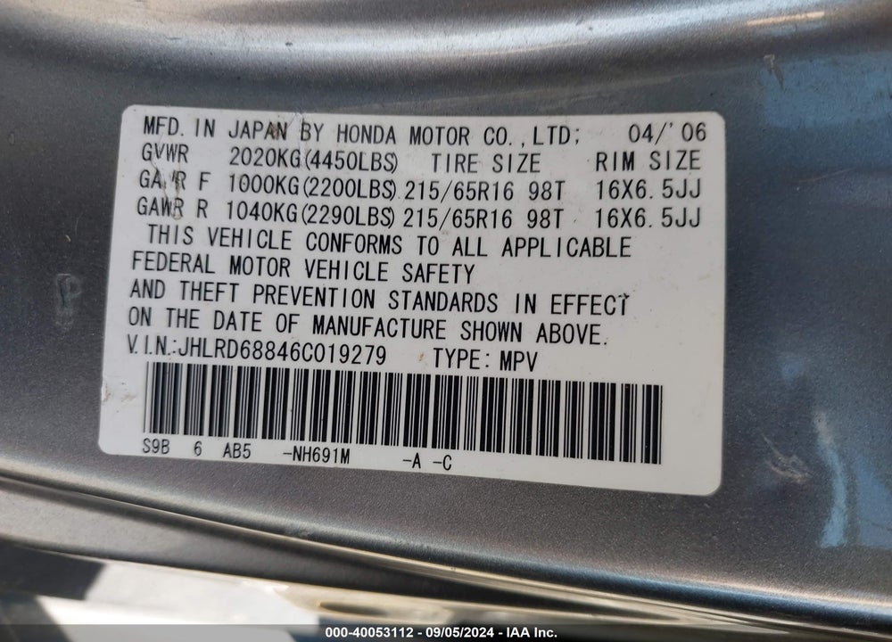 2006 HONDA CR-V EX VIN: JHLRD68846C019279