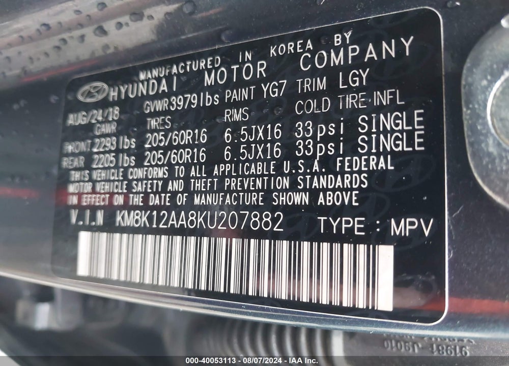 2019 HYUNDAI KONA SE VIN: KM8K12AA8KU207882