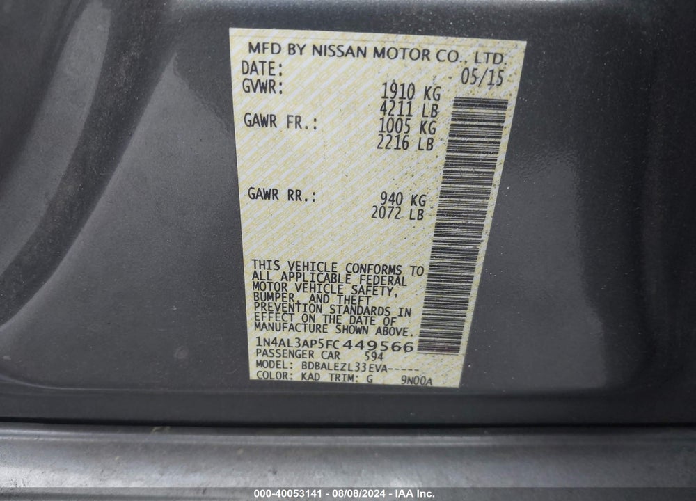 2015 NISSAN ALTIMA 2.5/2.5 S/2.5 SL/2.5 SV VIN: 1N4AL3AP5FC449566