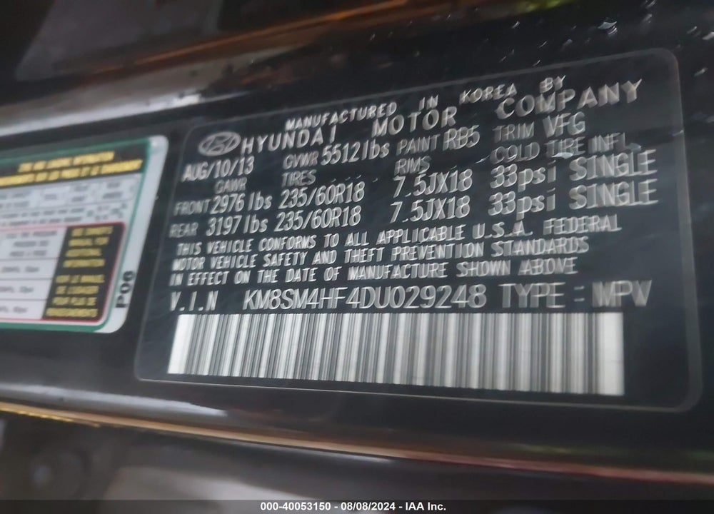 2013 HYUNDAI SANTA FE GLS VIN: KM8SM4HF4DU029248