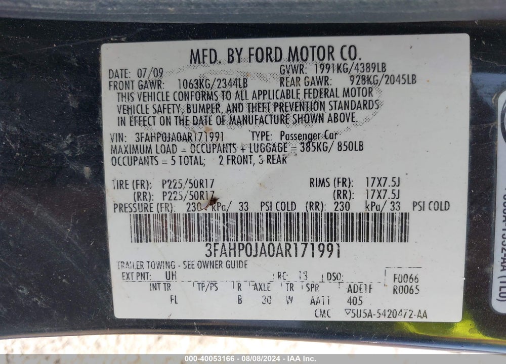 2010 FORD FUSION SEL VIN: 3FAHP0JA0AR171991