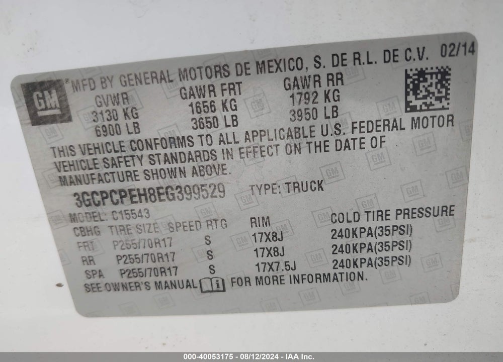 2014 CHEVROLET SILVERADO 1500 WORK TRUCK 1WT VIN: 3GCPCPEH8EG399529