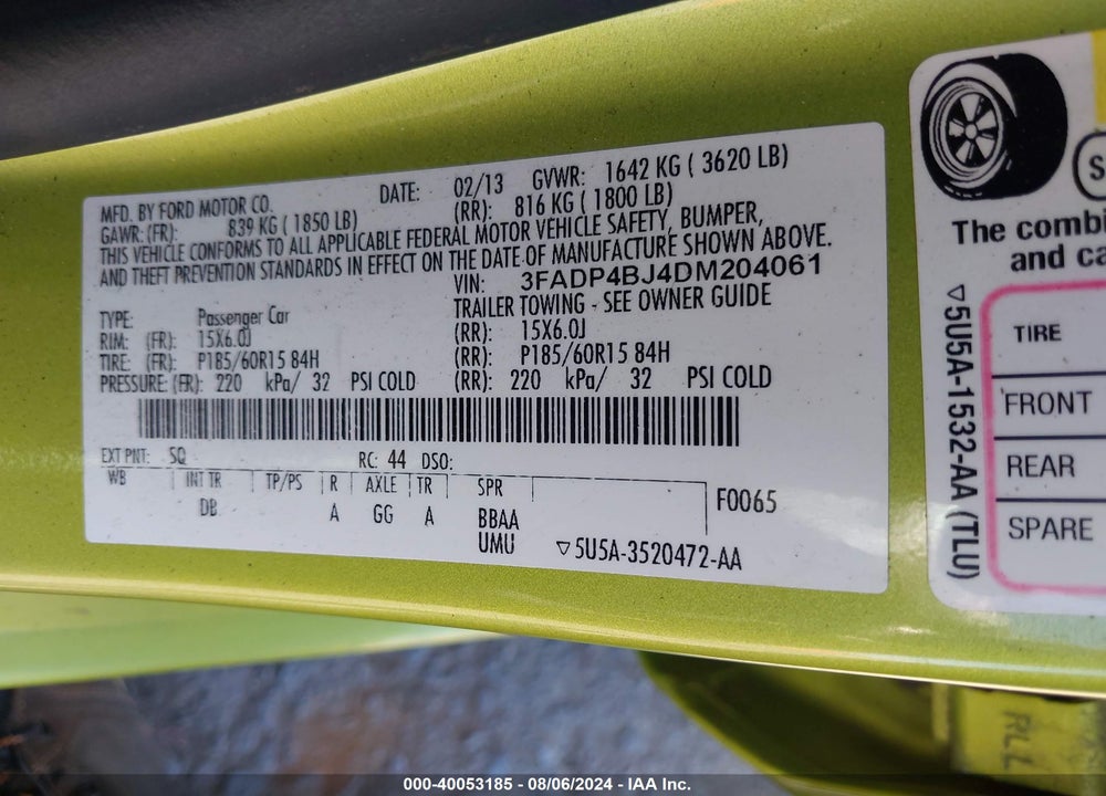 2013 FORD FIESTA SE VIN: 3FADP4BJ4DM204061