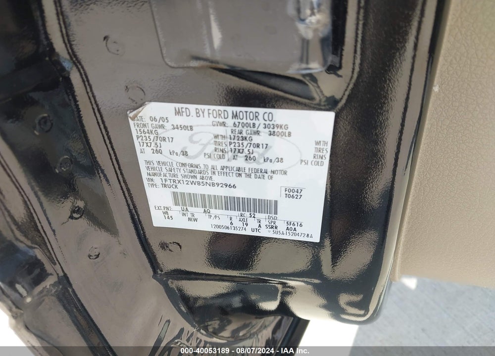 2005 FORD F-150 STX/XL/XLT VIN: 1FTRX12W85NB92966