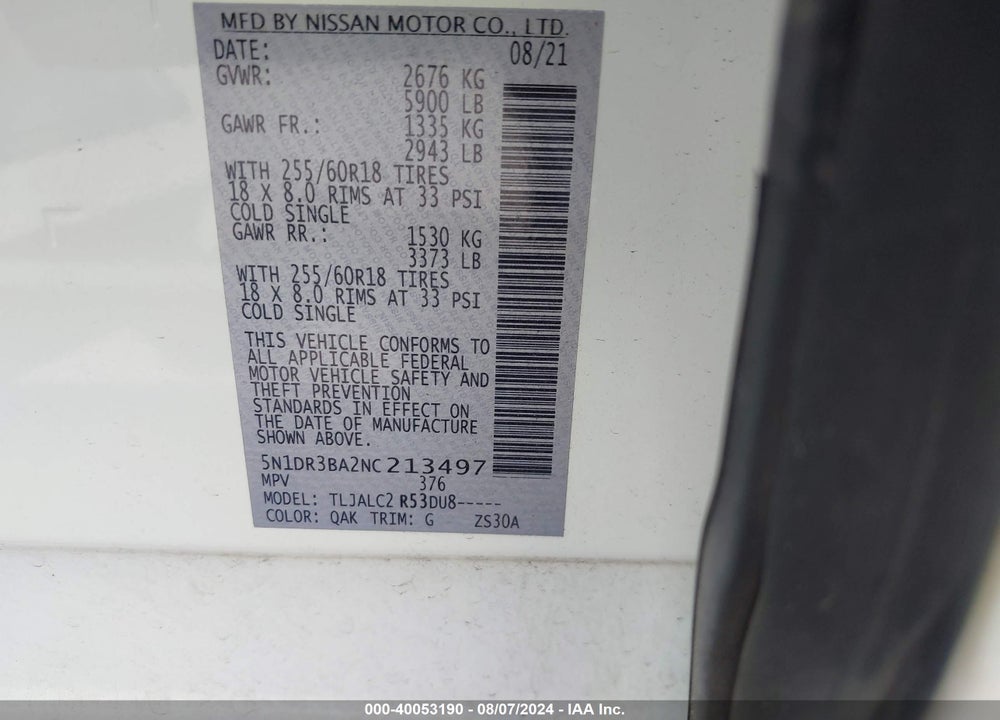2022 NISSAN PATHFINDER SV 2WD VIN: 5N1DR3BA2NC213497