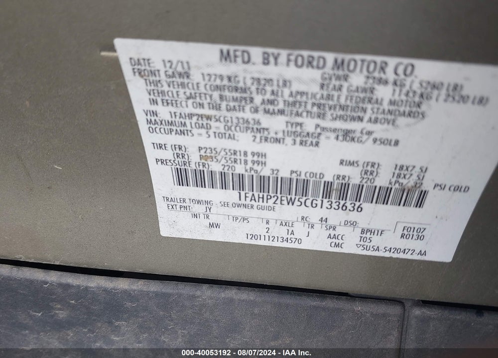 2012 FORD TAURUS SEL VIN: 1FAHP2EW5CG133636