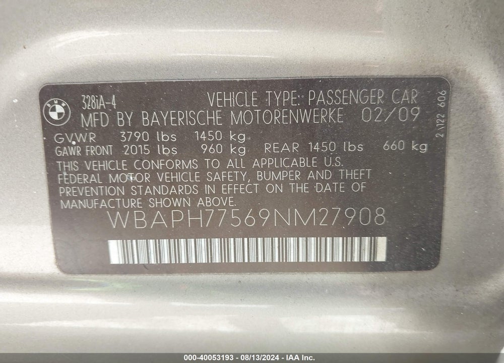 2009 BMW 328I VIN: WBAPH77569NM27908