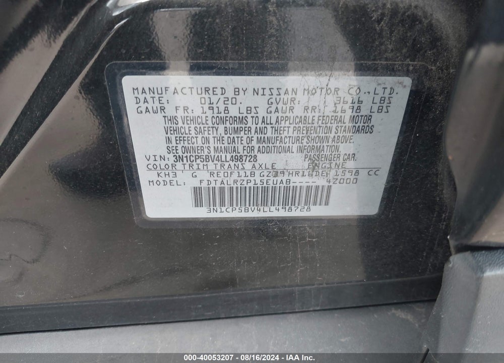 2020 NISSAN KICKS S XTRONIC CVT VIN: 3N1CP5BV4LL498728