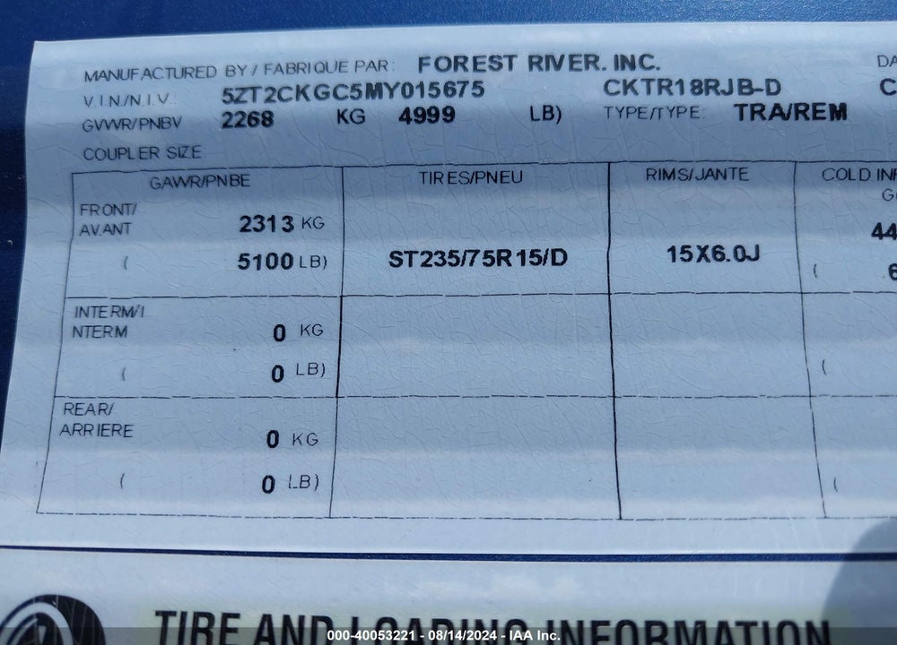 2021 FOREST RIVER PATRIOT TOY HAULER VIN: 5ZT2CKGC5MY015675