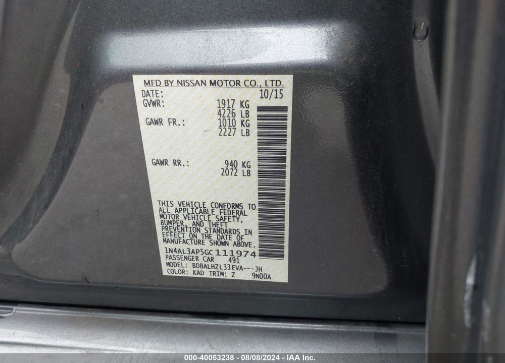 2016 NISSAN ALTIMA 2.5 SR VIN: 1N4AL3AP5GC111974