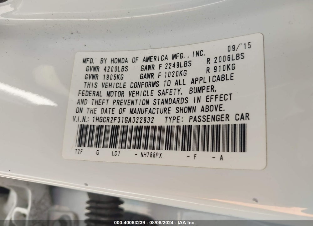2016 HONDA ACCORD LX VIN: 1HGCR2F31GA032932