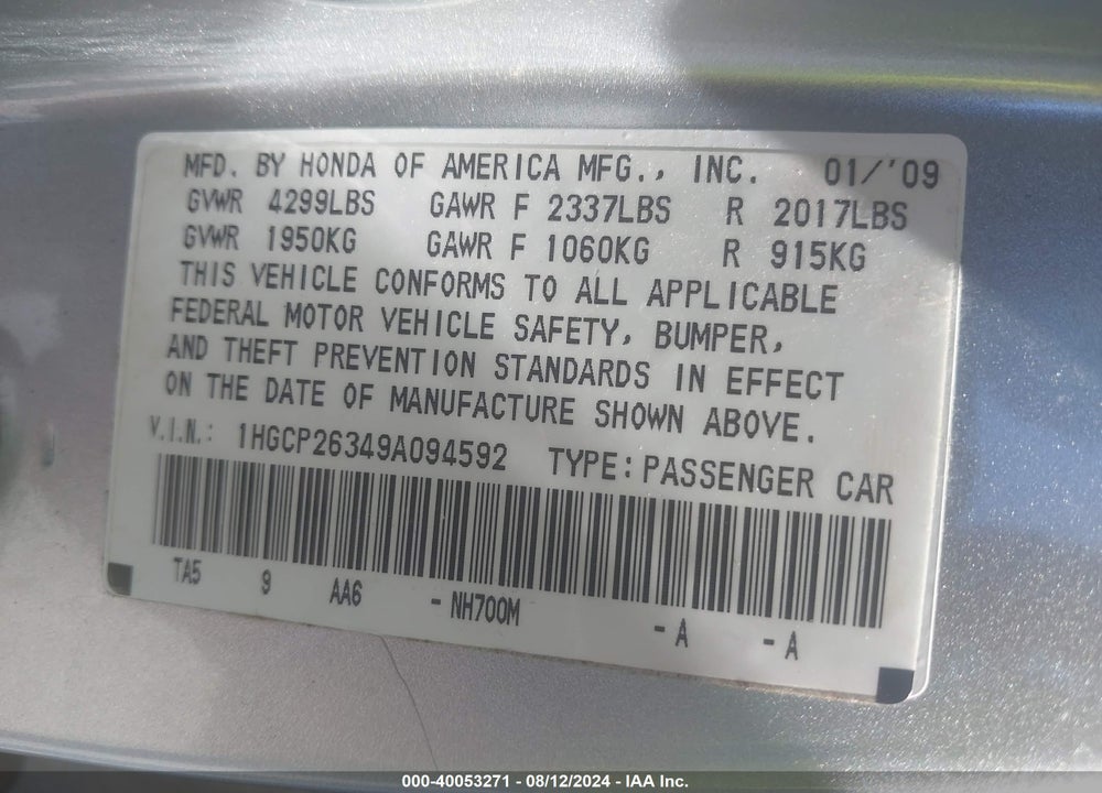 2009 HONDA ACCORD 2.4 LX VIN: 1HGCP26349A094592