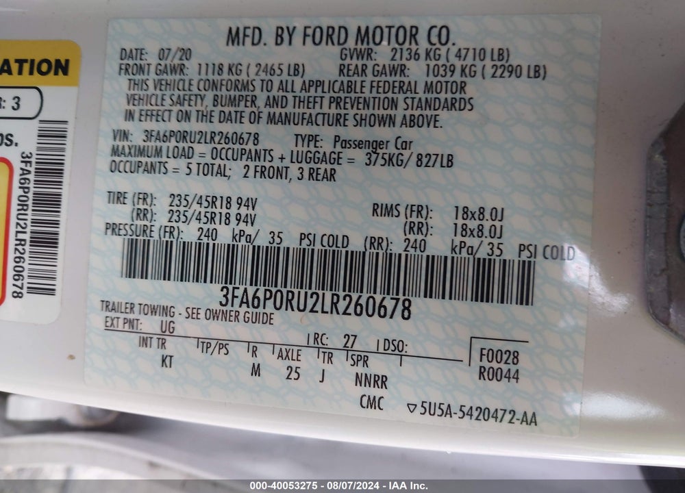 2020 FORD FUSION TITANIUM VIN: 3FA6P0RU2LR260678