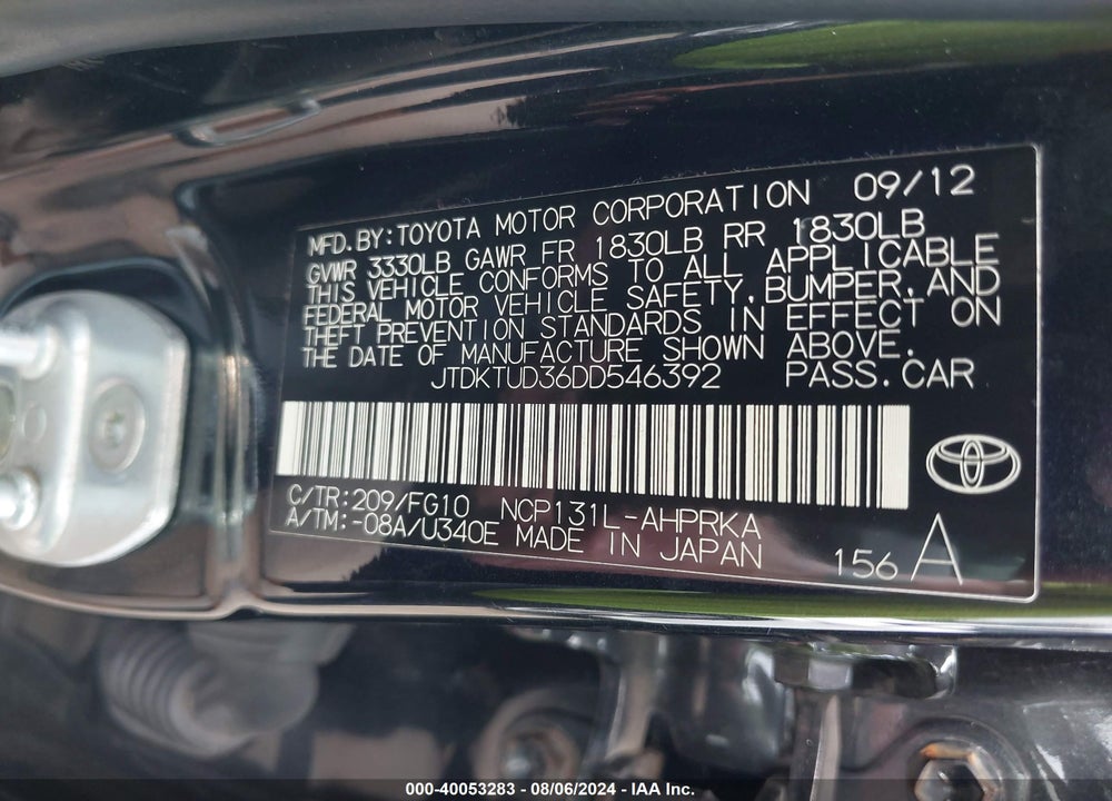 2013 TOYOTA YARIS VIN: JTDKTUD36DD546392