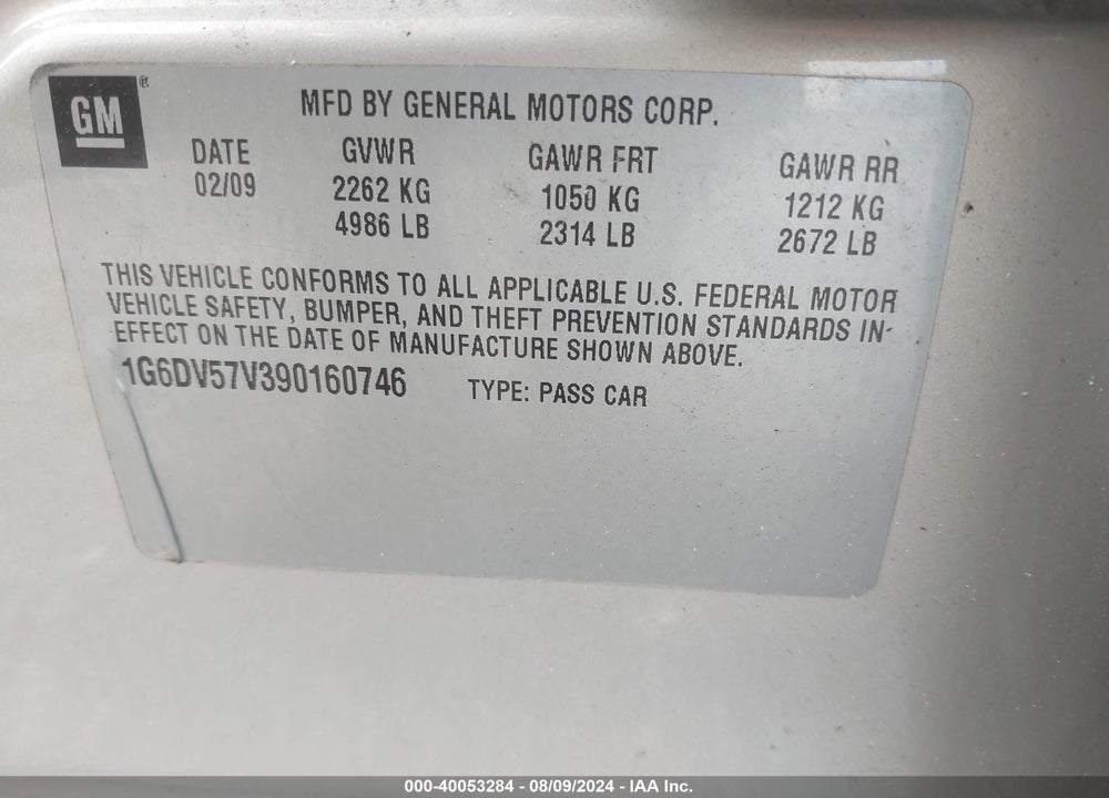 2009 CADILLAC CTS STANDARD VIN: 1G6DV57V390160746