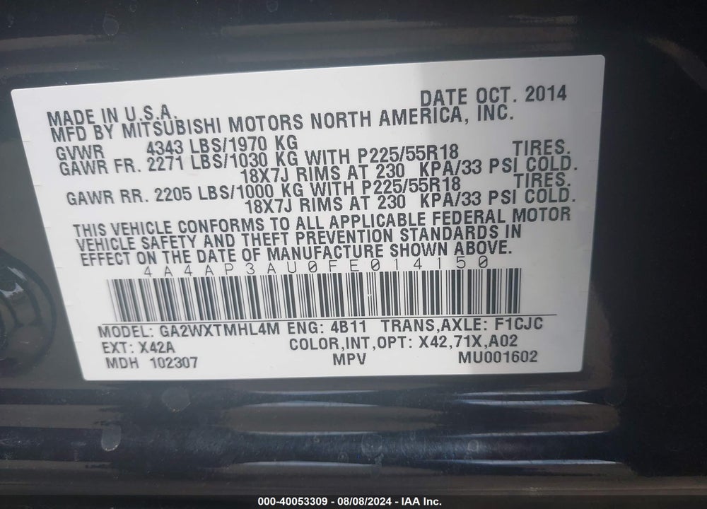 2015 MITSUBISHI OUTLANDER SPORT ES VIN: 4A4AP3AU0FE014150