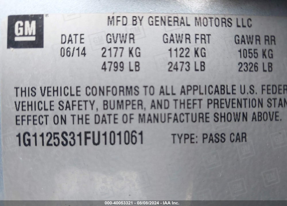 2015 CHEVROLET IMPALA 2LT VIN: 1G1125S31FU101061