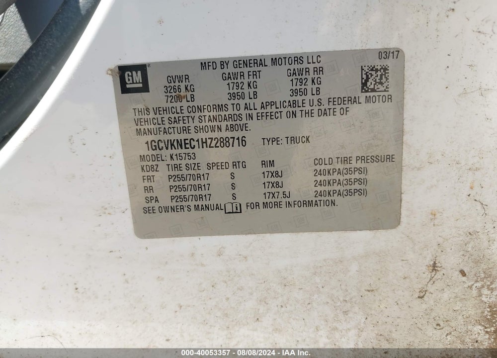 2017 CHEVROLET SILVERADO 1500 WT VIN: 1GCVKNEC1HZ288716