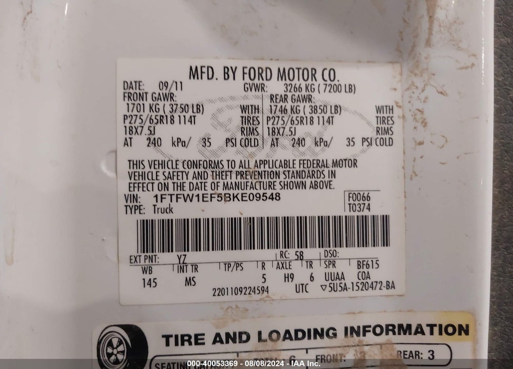 2011 FORD F-150 XLT VIN: 1FTFW1EF5BKE09548