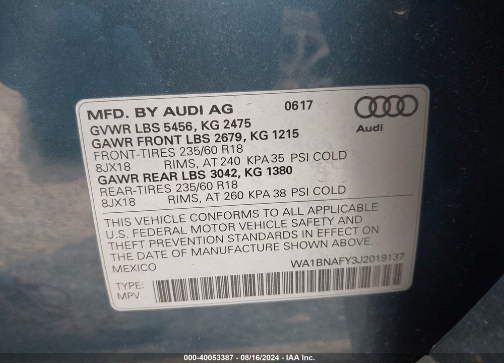 2018 AUDI Q5 2.0T PREMIUM/2.0T TECH PREMIUM VIN: WA1BNAFY3J2019137