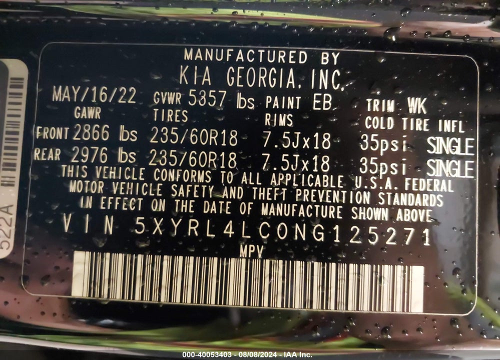 2022 KIA SORENTO S VIN: 5XYRL4LC0NG125271
