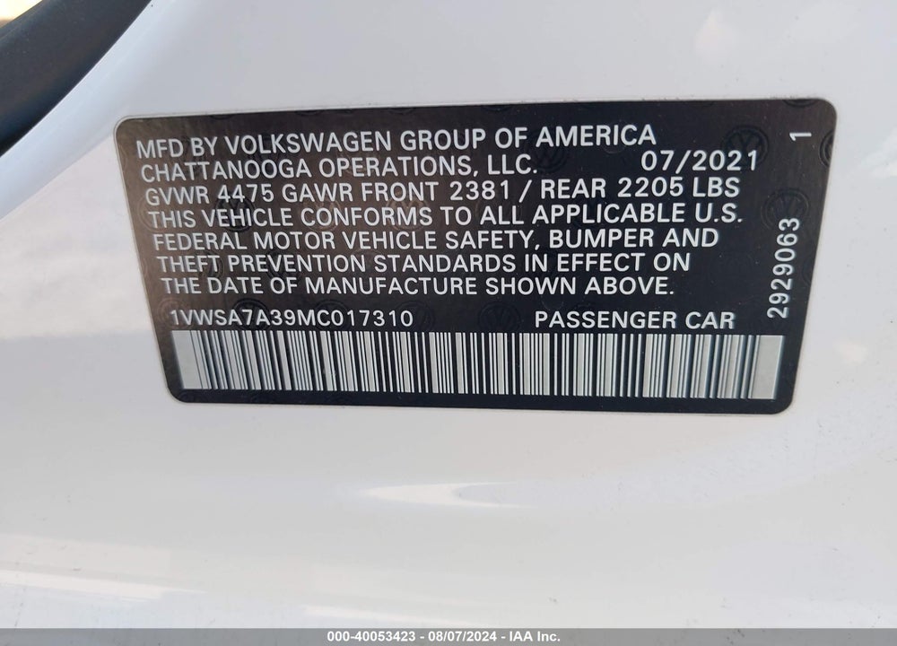 2021 VOLKSWAGEN PASSAT VIN: 1VWSA7A39MC017310